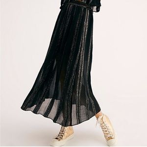 Free People Black Maxi Skirt with gold Metallic Stripes witchy magic